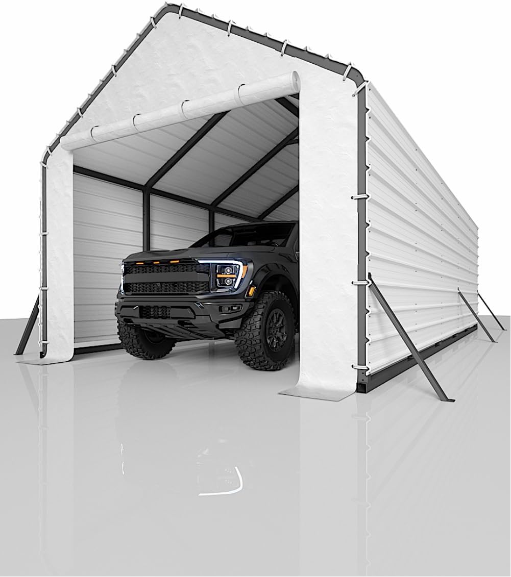 Door Panels with Zippers Tarp for Metal Carport 13x26 Ft, 13x21 Ft, and 13x16 Ft, 2 Pcs Door Panel with 32 Ball Bungees, White & Black