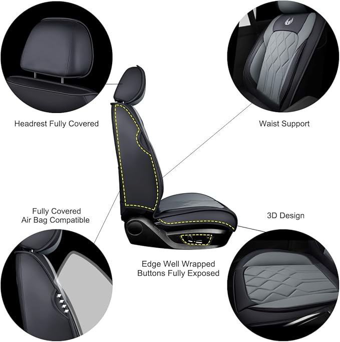 OASIS AUTO Car Seat Covers Full Set Premium Waterproof Faux Leather Cushion Universal Accessories Fit SUV Truck Sedan Automotive Vehicle Auto Interior Protector (OS010-Gray)