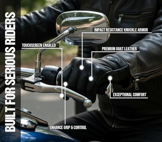 Jackets 4 Bikes Motorcycle Gloves - Premium Leather for Men Women, Touchscreen, Non-Slip, Motorbike Cruiser Street Biker Protector Glove
