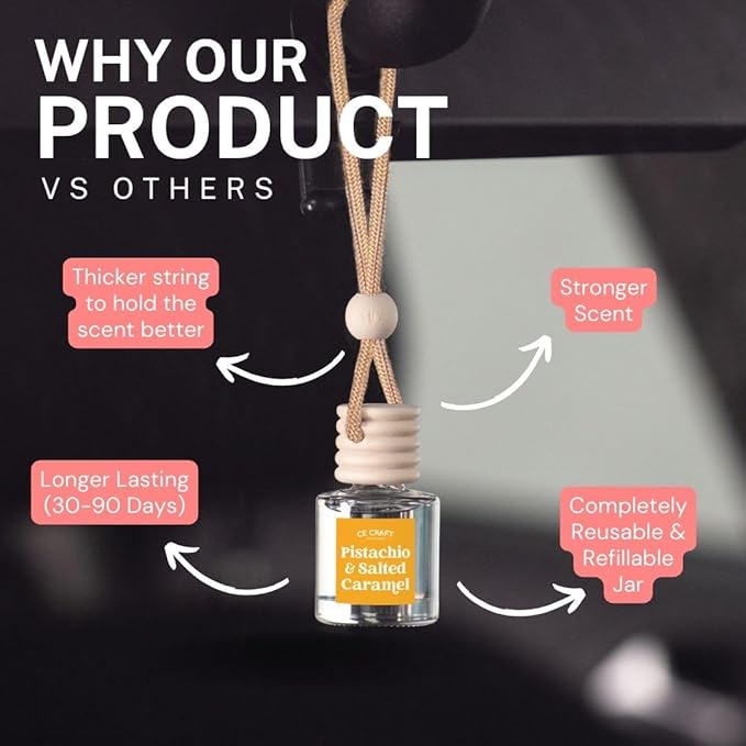 CANDECraftCo Car Air Hanging Fragrance Oil, Car Auto Freshener for Essential Oils, Scents Fragrance Aromatherapy Automobile Diffuser, Long Lasting (Pistachio & Salted Caramel)
