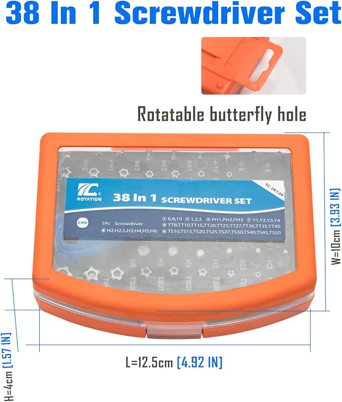 ROTATION 38-Piece 1/4 Bit driver Screwdriver Bit Set with portable case, Chrome Vanadium Steel Multi Torq/Phillips/Torx/Triwing/Hex/Star Bit