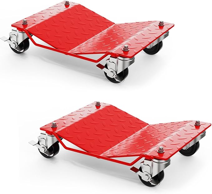 Car Wheel Dolly Set of 2,3000 LBS Capacity Heavy Duty Vehicle Mover Dolly with Brakes for Moving Cars, Trucks, Trailers and Motorcycles, Red