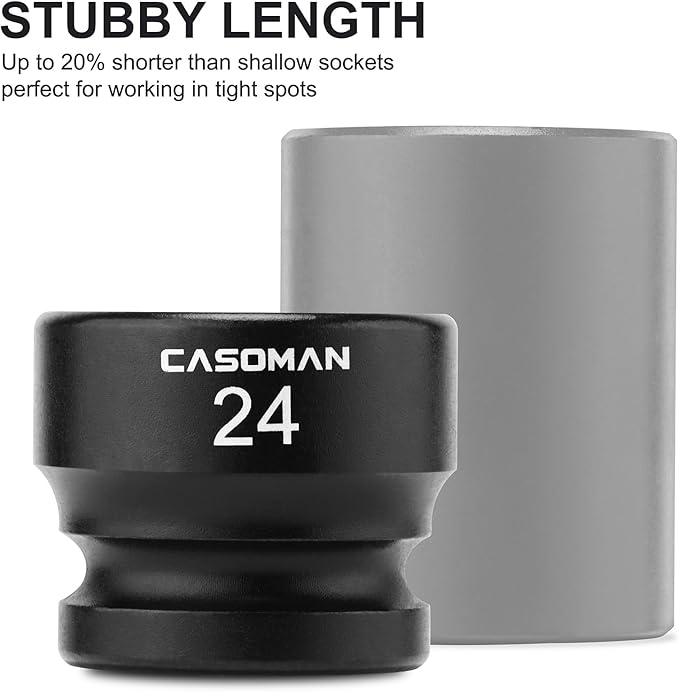 CASOMAN 1/2" Drive 24mm Stubby Impact Socket Set, 6-Point, 1.1" Length, CR-MO, Metric
