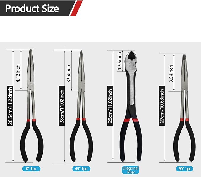 4-Piece 11" Extra Long Needle Nose Pliers Set with Insulated Comfort Grip, Straight Long Reach, 45/90°Bent Nose & Diagonal Pliers for Bending, Shaping & Trimming in Narrow Spaces