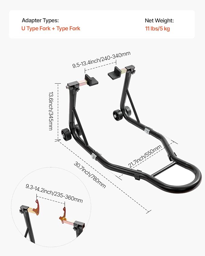 VEVOR Motorcycle Rear Wheel Stand, 850lbs/390kg Load Capacity Lift with U + L Fork Swingarm Spool, Heavy Duty Rear Wheel Stand Motorcycle Lift Jack Stand, for Suzuki Yamaha Honda Kawasaki, Black
