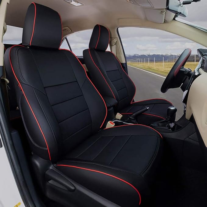 EKR Rav4 Seat Covers Custom Fit for Toyota Rav4 2016 2017 2018(Hybrid) LE,SE,XLE,Limited, Leather Truck Seat Cover Full Set for SUV,Faux Leather(Black with Red Trim)