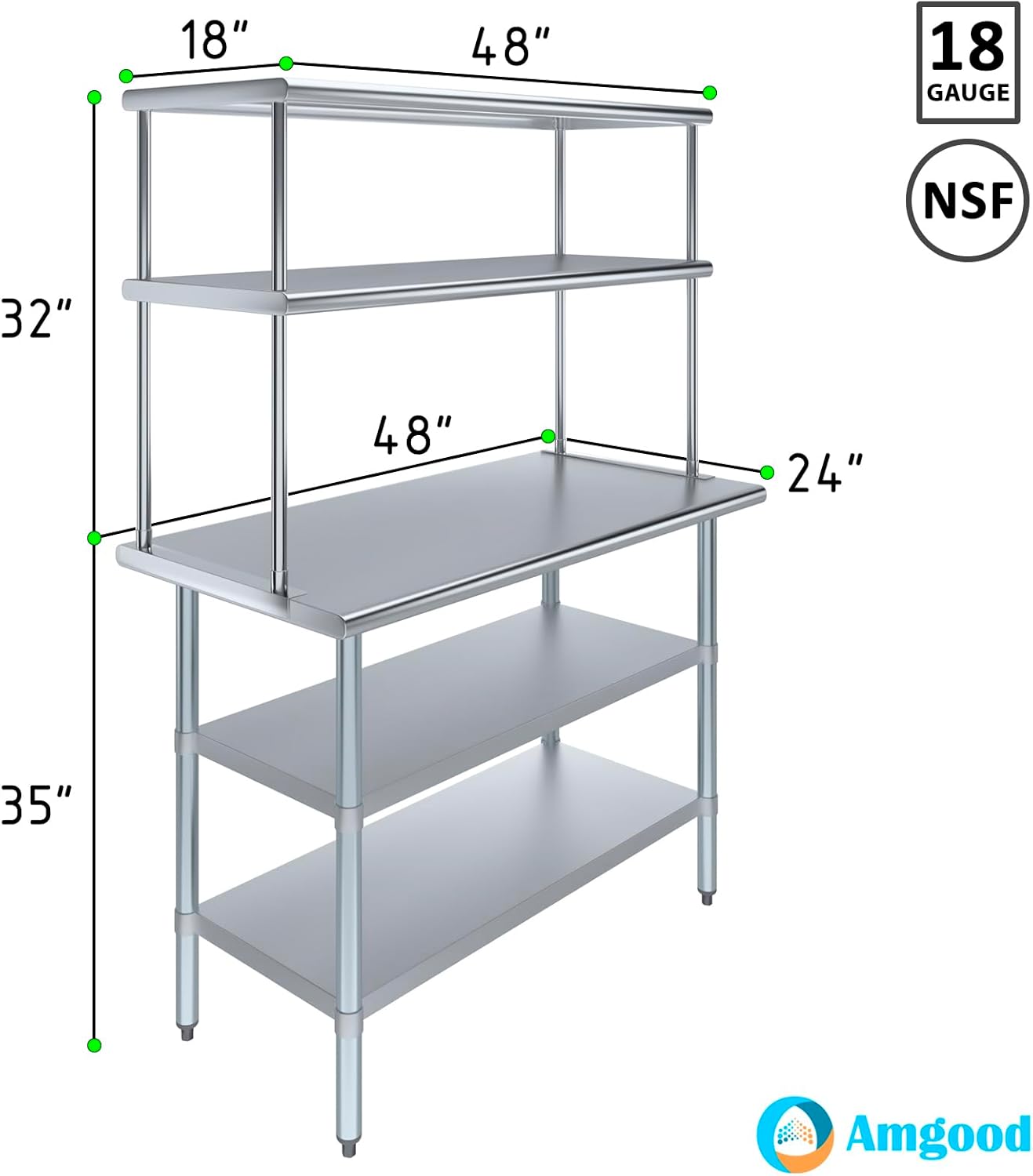 Amgood Stainless Steel Work Table with 2 Shelves | Metal Kitchen Prep Table & Shelving Combo (24" x 48" Table with 2 Shelves + 18" Overshelf)
