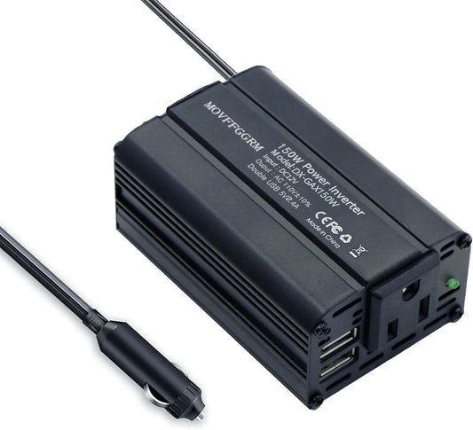 150W Power Inverter 12V DC to 110V AC Car Plug Adapter Outlet Converter with 2.4A Dual USB AC car Charger for Laptop Computer Black