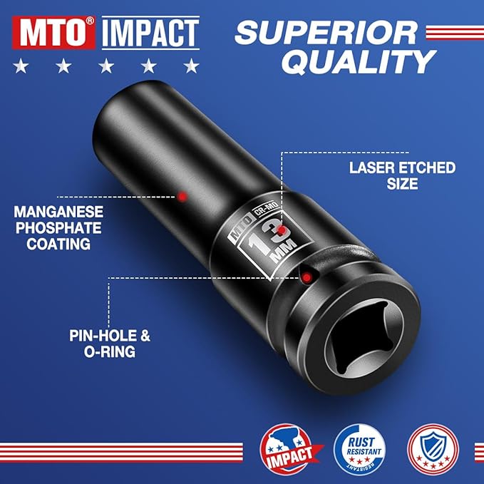 MTO 1/2" Drive 13mm Deep Impact Socket, 6 Pt. Metric Socket, CR-MO Steel & Anti-Corrosion Coating for Heavy-Duty Use