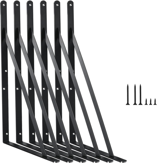 6 Pack L16 x H 10" Black Heavy Duty Shelf Brackets with Screws Metal Shelf Brackets Shelf Support Angle Brackets for Shelves L Brackets Heavy Duty Floating Shelf