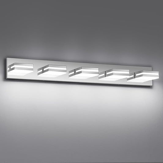Modern LED Bathroom Lights Fixtures(5-Light),Stainless Steel Chrome Acrylic Wall Lighting,Vanity Lights for Bathroom Over Mirror(6000k 34in)