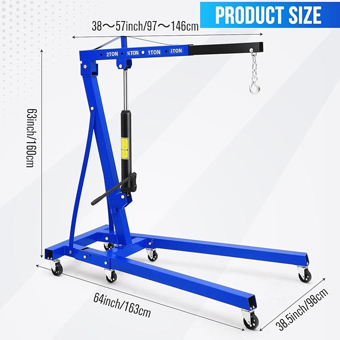2 Ton Hydraulic Engine Hoist with Lever Stabilizer , Cherry Picker Engine Hoist, 4400LBS Heavy Duty Garage Crane with 6 Swivel Casters & Adjustable Telescopic Boom, for Auto Repair & Workshop (Blue)