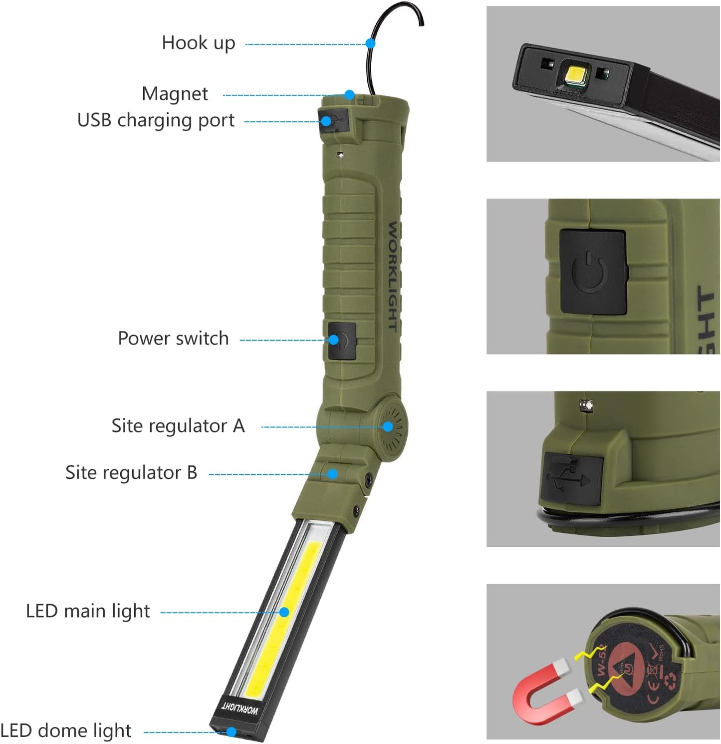 3 Pack Rechargeable LED Work Lights with Magnetic Base and 360° Rotation, 5 Modes for BBQ, Camping, Reading, and Car Repair