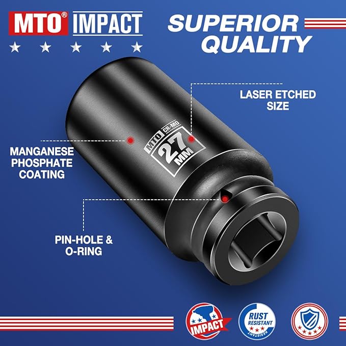 MTO 1/2" Drive 27mm Deep Impact Socket, 6 Pt. Metric Socket, CR-MO Steel & Anti-Corrosion Coating for Heavy-Duty Use