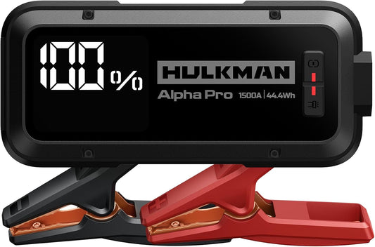 Hulkman Alpha Pro Solid Black, 1500A 44.4Wh Car Jump Starter Portable, High-Capacity Battery Booster & Jumper Cables, 3.3" Display Jump Box, PD65W in&Out, 12V Battery Pack for 7.5L Gas/4.5L Diesel
