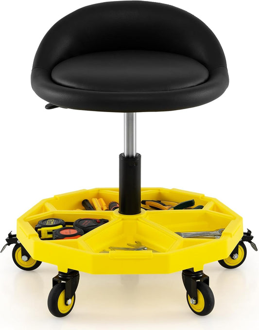 Mechanic Stool, 350 LBS Capacity Rolling Shop Stool with Lockable Wheels, 2 Magnetic Tool Trays & Padded Seat, 20"-25" Height Adjustable Workshop Chair Creeper Seat for Garage, Auto Repair
