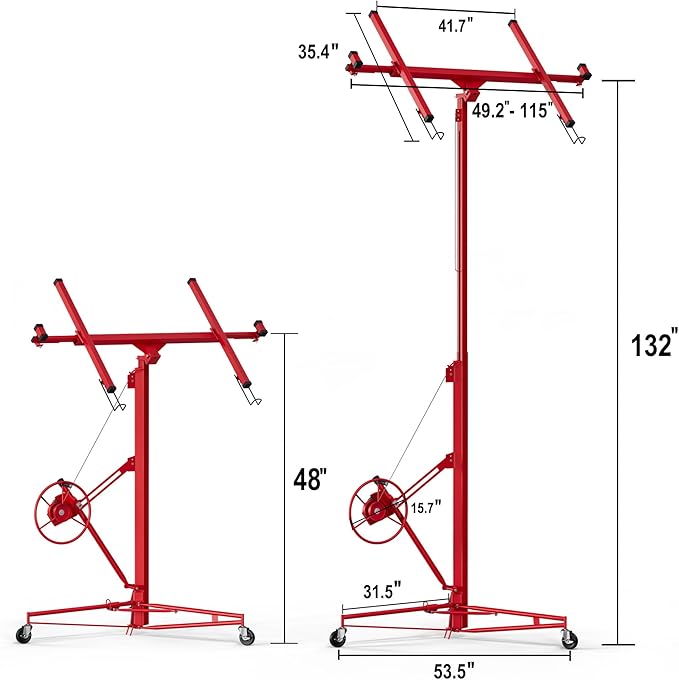 16FT Drywall Lift Sheetrock Lift, Drywall Lift Panel Hoist with Telescopic Arm, 150LBS Capacity, Drywall Jack Lift for Home Improvement Classic, 4'x16' Panel Size, Bright Red, Steel
