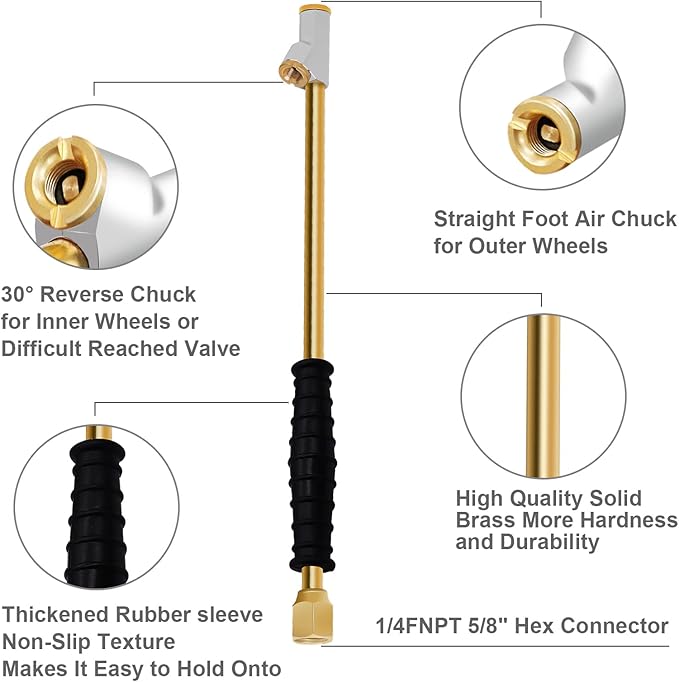 GODESON 1/4" FNPT Extended Reach Dual Head Air Chuck, 2-Way Connection 11.8" Extended Brass Air Chuck with Rubber Handle,Tire Chuck with Quick Plug for Semi, RV, Truck Dually Tires