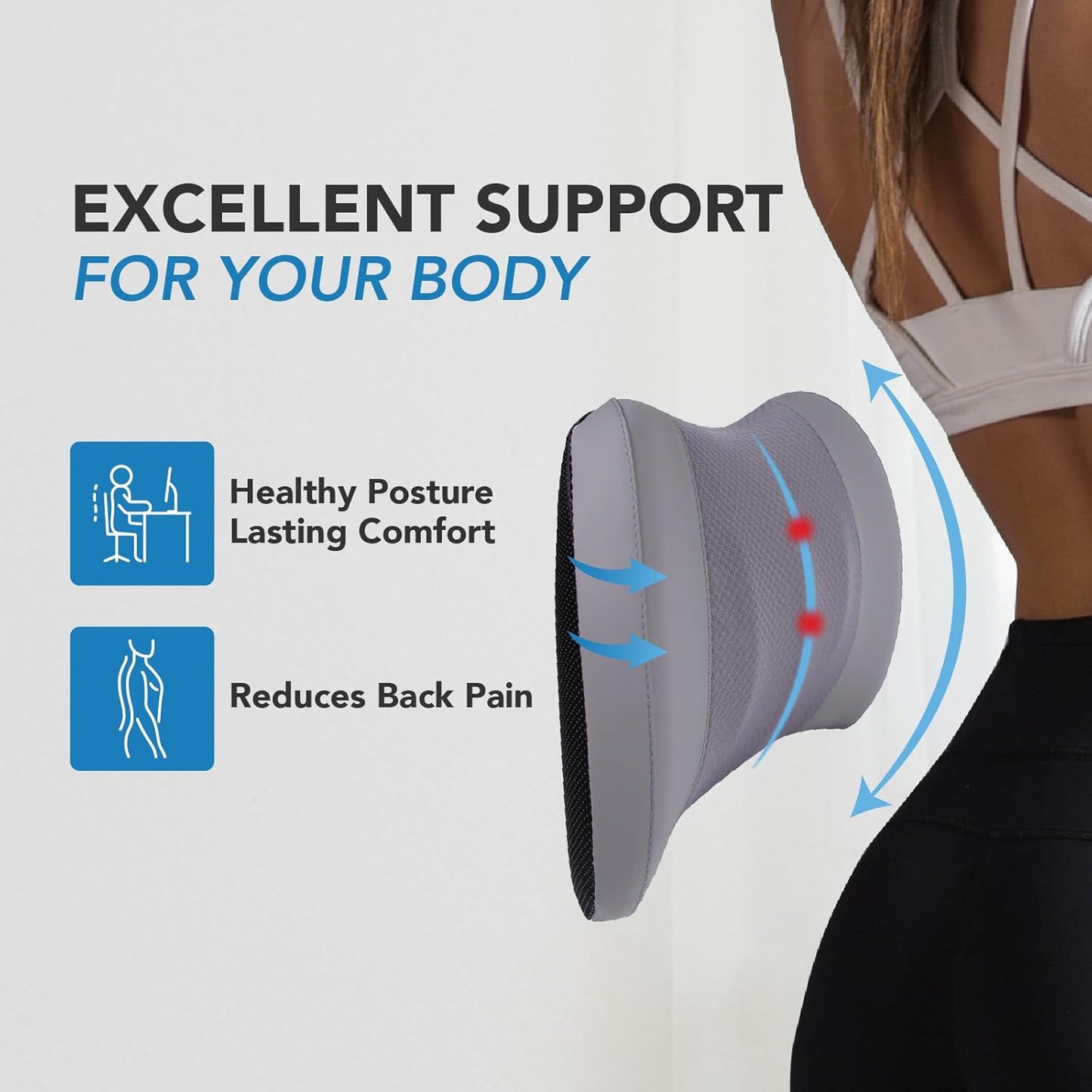 Lumbar Support Pillow for Car, Memory Foam Lumbar Pillow for Lower Back Pain Relief - Back Cushion for Driving, Chair Support for Car-Office Chair, Wheelchair - Gray