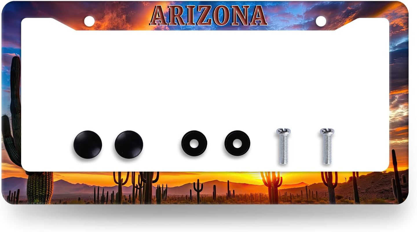 Arizona State Flag License Plate Frame Sunset Desert Cactus License Plate Holder Stainless Steel Funny Design with 2 Holes and Screws 12.3" x 6.3"
