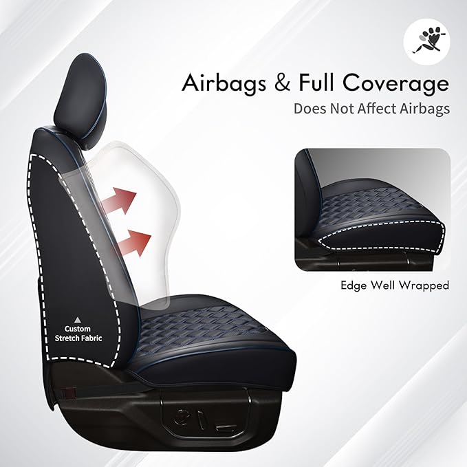 Huidasource Ford F150 Front Seat Covers, Full Coverage Faux Leather Pickup Seat Protector Fit for 2015-2025 Ford F150 SuperCrew & 2017-2025 F250 F350 F450 Super Duty Crew Cab (Front Pair/Black&Blue)