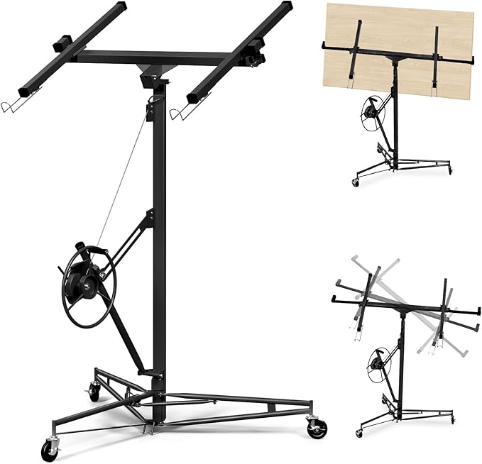 16FT Drywall Lift Sheetrock Lift, 150LBS Capacity, Drywall Lift Panel Hoist with Telescopic Arm, Drywall Jack Lift with 3 Lockable Wheels for Home Improvement Classic, 4'x16' Panel Size, Black