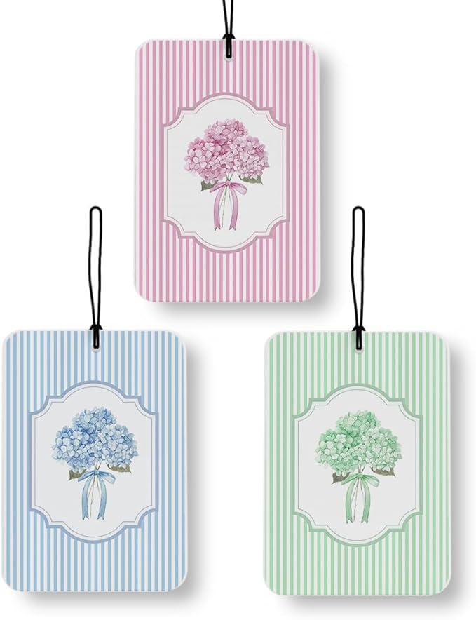 Preppy Blue Hydrangea Car Air Freshener 3 Pcs, Blue Pink and Green Striped Cottagecore Flower Air Freshener Hanging Decor for Cars Closet Drawer Books Accessories Gifts