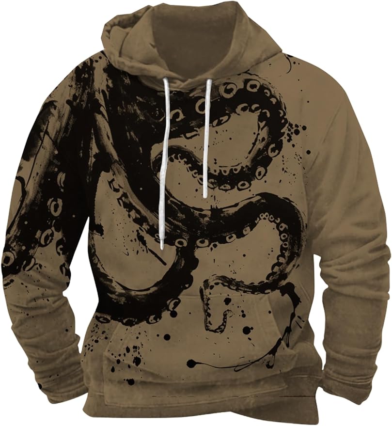 Mens Animal Print Graphic Hoodies Casual Long Sleeve Japanese Art Style Hooded Sweatshirt Lightweight Pullover Tops