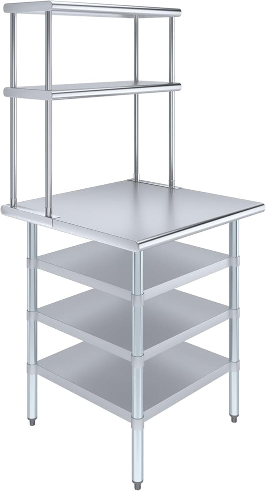 Amgood 30" x 30" Stainless Steel Work Table with 3 Shelves and 12" Wide Double Tier Overshelf | Metal Kitchen Prep Table & Shelving Combo | NSF