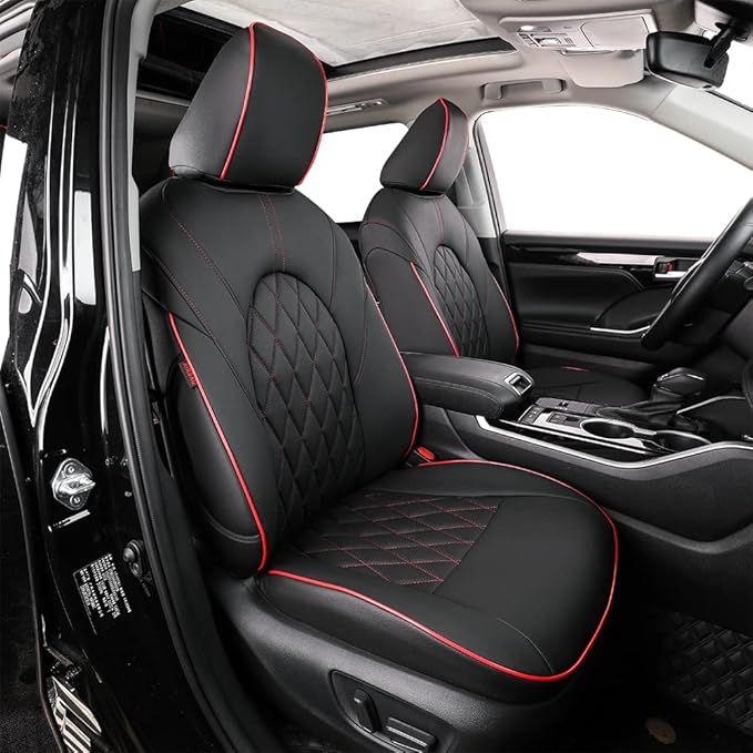 EKR Grand Highlander Seat Covers for Trucks Toyota Grand Highlander 2024 2025 2026,2nd Row 40/60 Split,Leather Car Seat Covers Full Set -Faux Leather(Black with Red Trim)