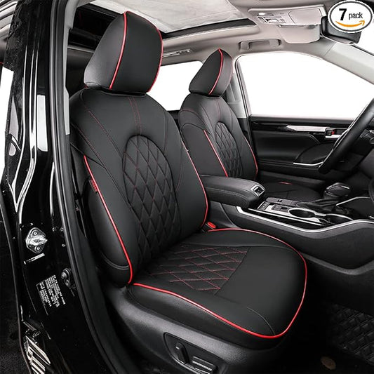 EKR Highlander Seat Covers for Toyota Highlander 2020 2021 2022 2023 2024 2025 2026,2nd Row Captain Chairs,Leather Car Seat Cover Full Set for Trucks SUV-Faux Leather(Black with Red Trim)