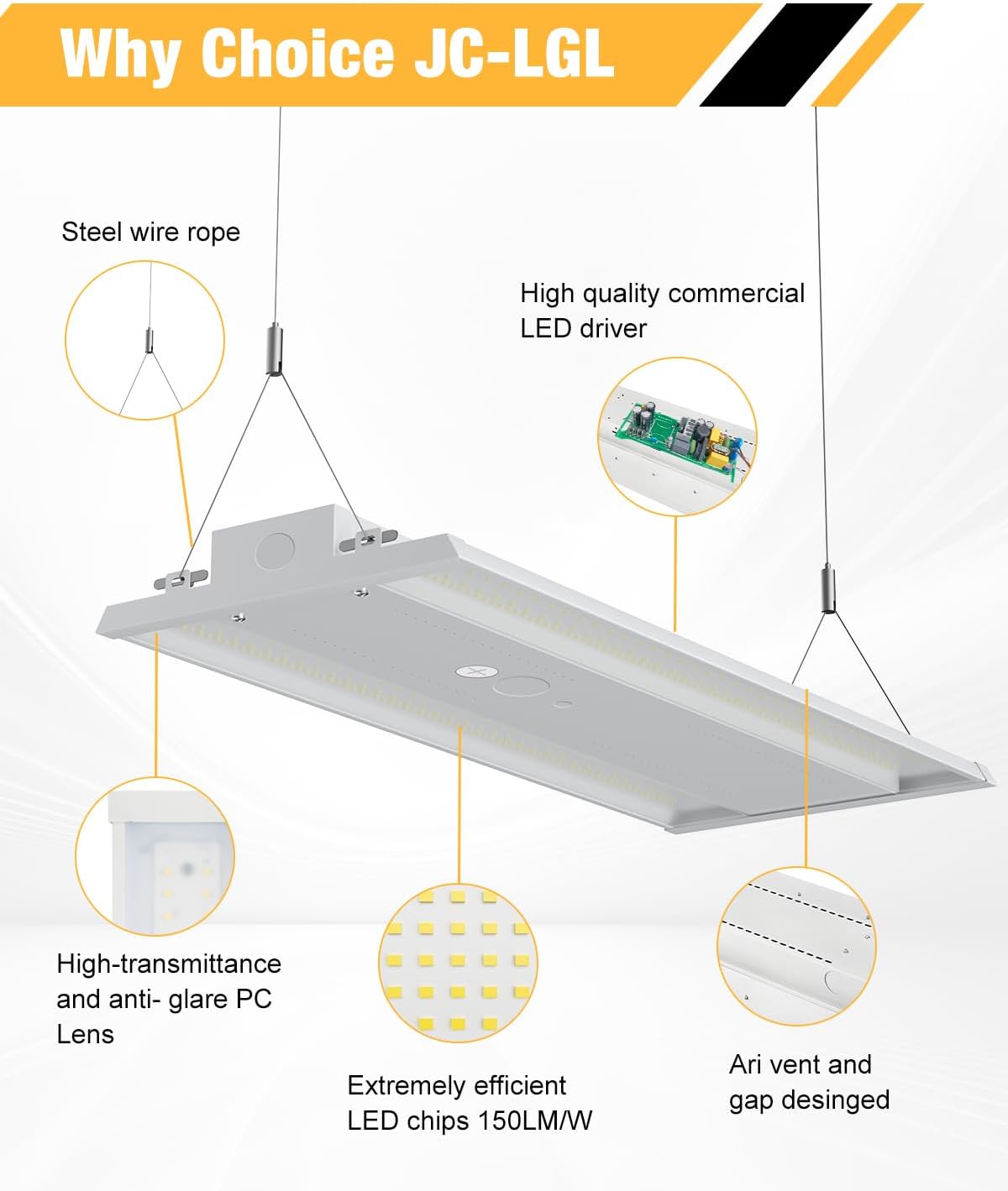 LED Linear High Bay Light, 130W 19500LM High Bay LED Shop Lights, 120-277V, 5000K, 0-10V Dimmable LED Shop Light, Linear High Bay Light for Warehouse Workshops, UL Complied, 4 Pack