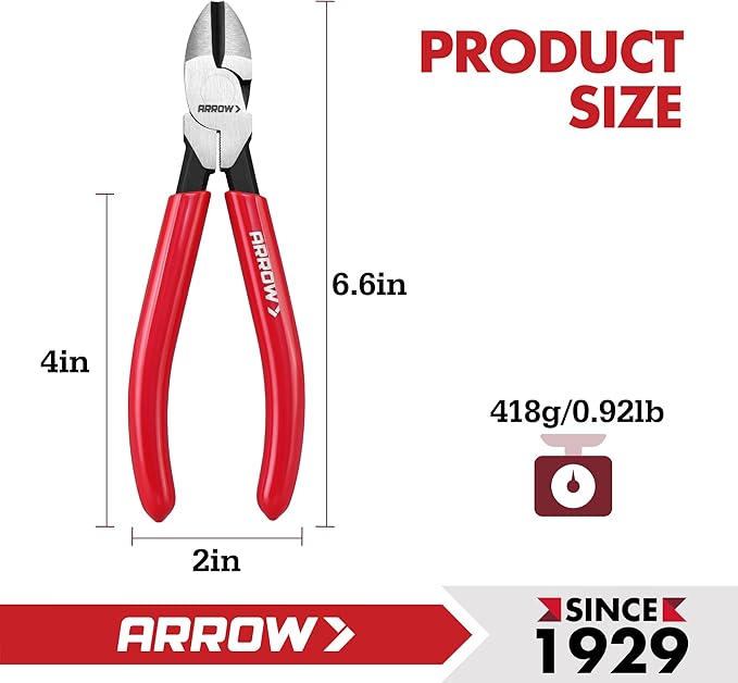 ARROW 6" High Leverage Diagonal Cutting Pliers, Wire Cutters with Comfortable Grip, Side Cutters for Cutting Wires