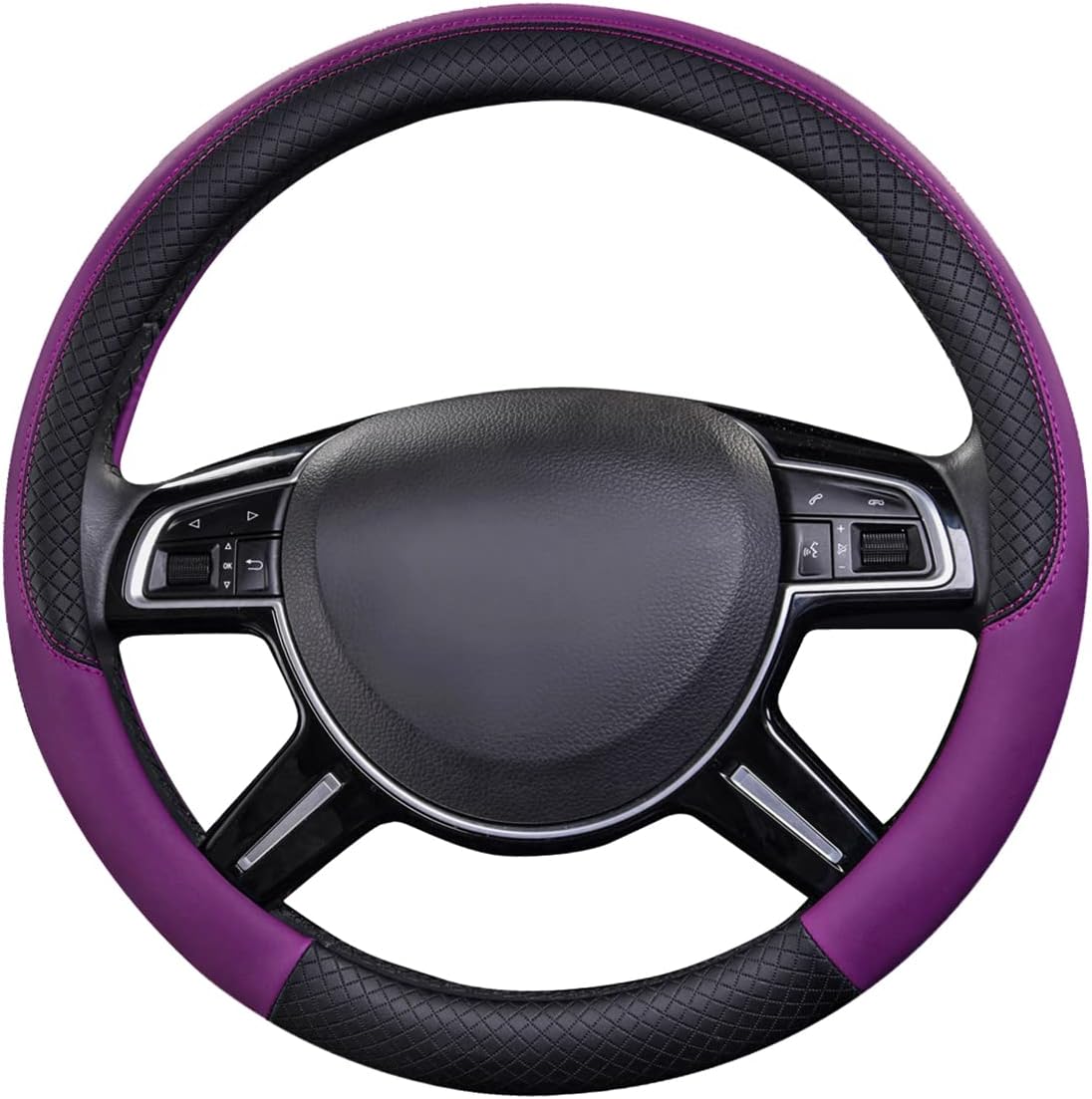 CAR PASS Rhombus Leather Universal Steering Wheel Cover, Fit for Suvs,Trucks,Cars,Sedans,Vans (Black&Dark Purple)