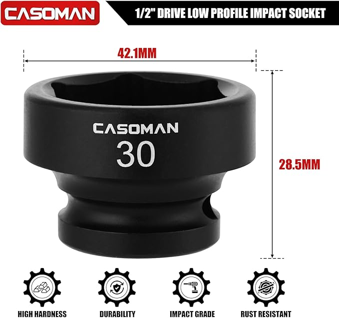 CASOMAN 1/2" Drive 30mm Stubby Impact Socket Set, 6-Point, 1.1" Length, CR-MO, Metric