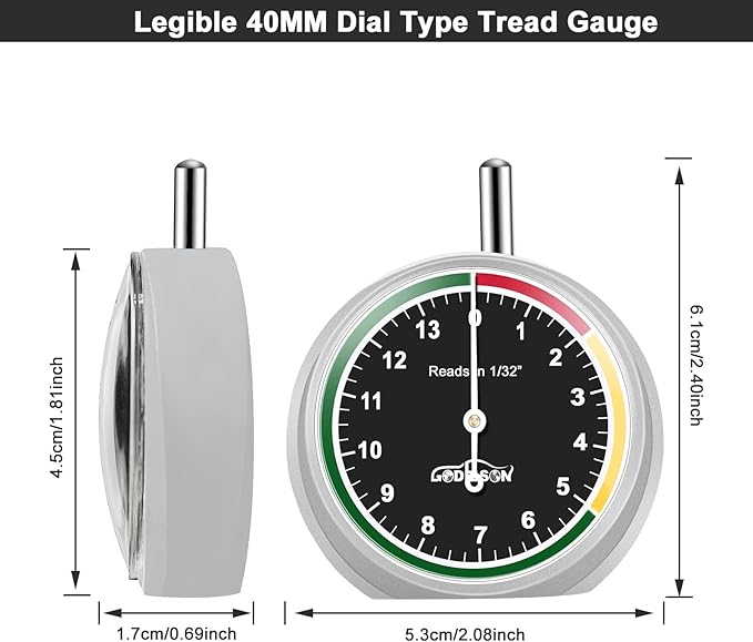 GODESON Tire Tread Depth Gauge,Dial Type Tire Depth Gauge in 32nds,Color-Coded and Easy Reading Tread Depth Gauge for Motorcycle, Car,Truck and Bus, Silver Powder-Coated Zinc Alloy Casing & Black Dial