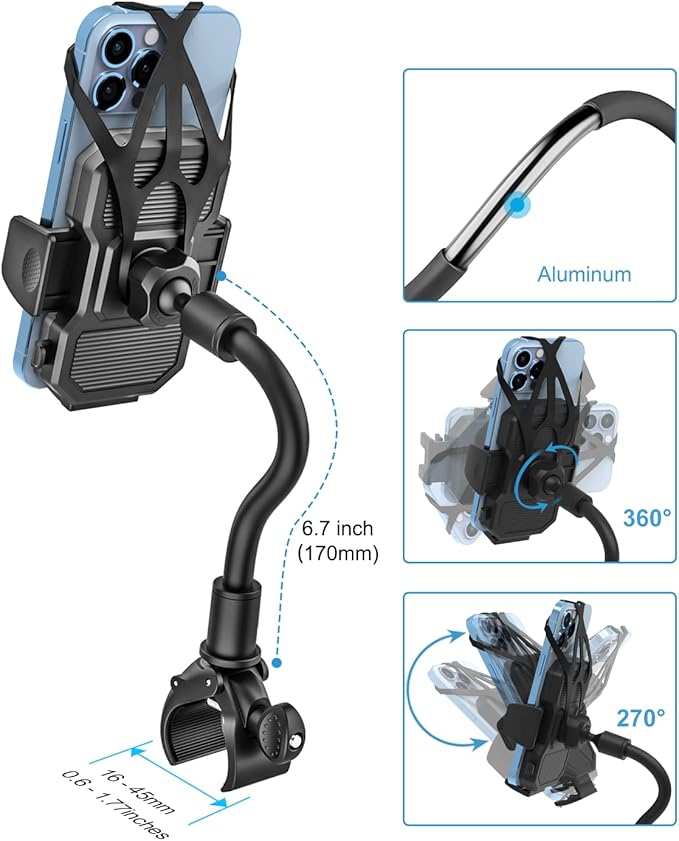 woleyi Gooseneck Bike Phone Holder, Motorcycle Phone Mount - Bicycle Handlebar Cell Phone Clip for Electric Scooter, Dirt Mountain Cycling for iPhone 17 Air Pro Max 16 15 14 13 12 11, All Smartphones