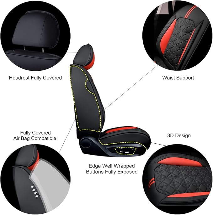 OASIS AUTO Car Seat Covers Full Set Premium Waterproof Faux Leather Cushion Universal Accessories Fit SUV Truck Sedan Automotive Vehicle Auto Interior Protector (OS010-Black&Red)