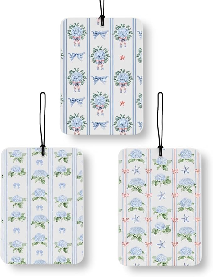 Patriotic Bow Blue Hydrangea Floral Car Air Freshener 3 Pcs, Cottagecore Striped Floral Air Freshener Hanging Decor for Cars Closet Drawer Books Accessories Gifts