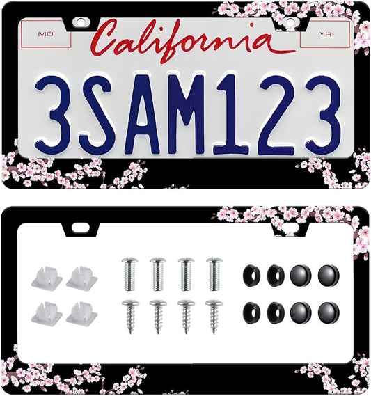 Cherry Blossom License Plate Frame-2 PCS Cherry Floral Flowers License Plate Holder Cover Car Universal Accessories Aluminum Car Tag Frames Fits Standard US Vehicles Size