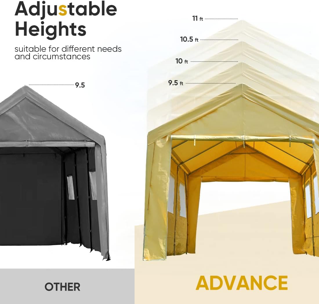 ADVANCE OUTDOOR 12x20 ft Car Canopy Garage Heavy Duty Carport Boat Shelter Party Tent, Adjustable Peak Height from 9.5ft to 11ft, with Removable Window Sidewalls and Doors, Beige