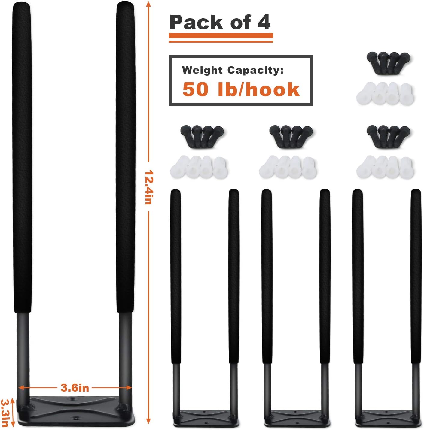 Heavy Duty Garage Tires Hooks Wall Mounted Hanger Tool Organizer Rack Hardware Steel Metal Multi-Tools Storage Utility Hooks with Screws and Anchors(4, Black)