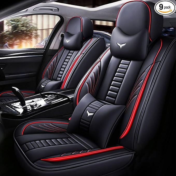 for Toyota RAV4 2008-2025 Car Seat Covers, Full Coverage Customized Seat Covers Premium Leather Waterproof Stain-Resistant Easy to Install (Full Set with Pillows, Black&Red)