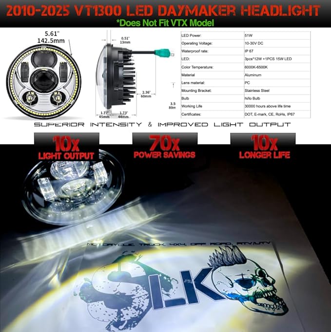 SLK-Lights VT1300 Fury LED Headlight Chrome Halo Daymaker 5 3/4in - Direct Fit - Plug & Play - Compatible Honda VT1300 2010-2025 Honda Fury, Sabre, Interstate, and Stateline (Chrome Halo)