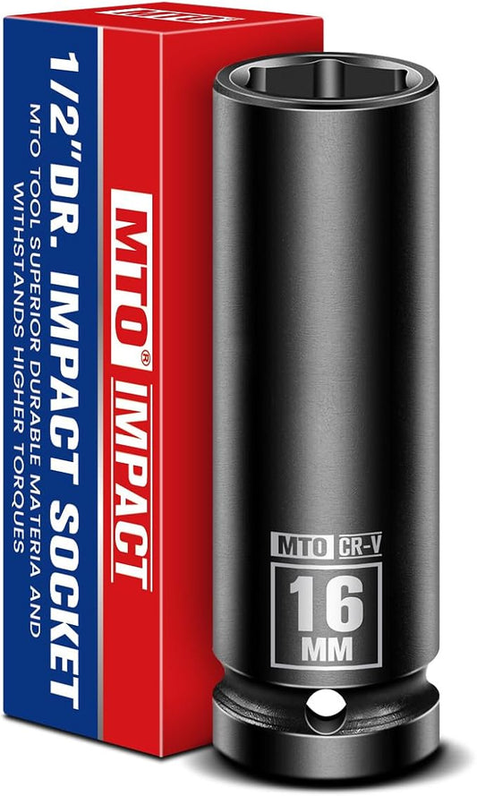 MTO 1/2" Drive 16mm Deep Impact Socket, 6-Point Metric Socket for Automotive Maintaince, CR-V Steel Meets ANSI Standards