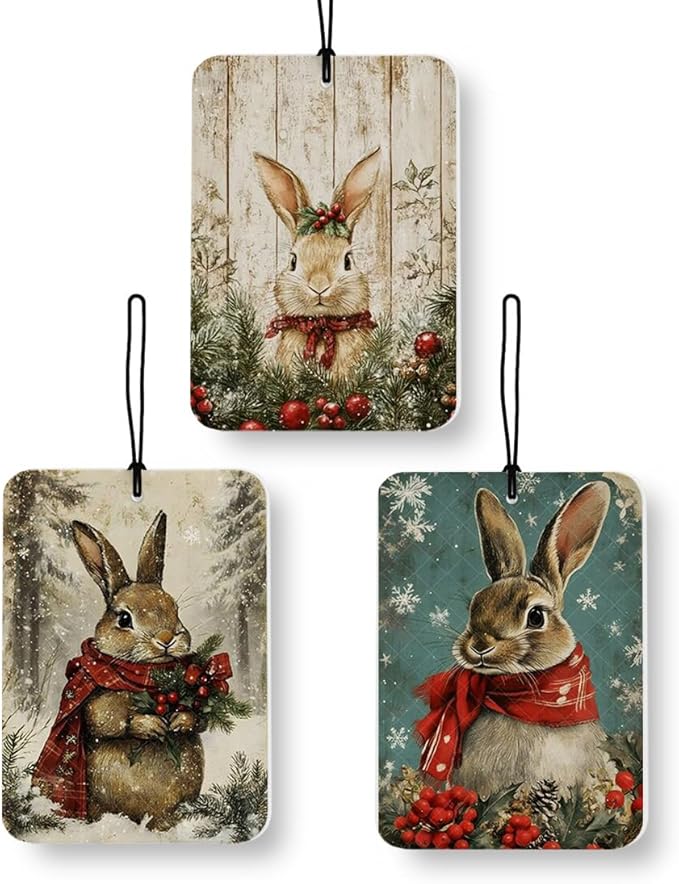 Winter Christmas Bunny Car Air Freshener 3 Pcs, Rustic Winter Holly Berries Rabbit Christmas Air Freshener Hanging Decor for Cars Closet Drawer Books Accessories Gifts