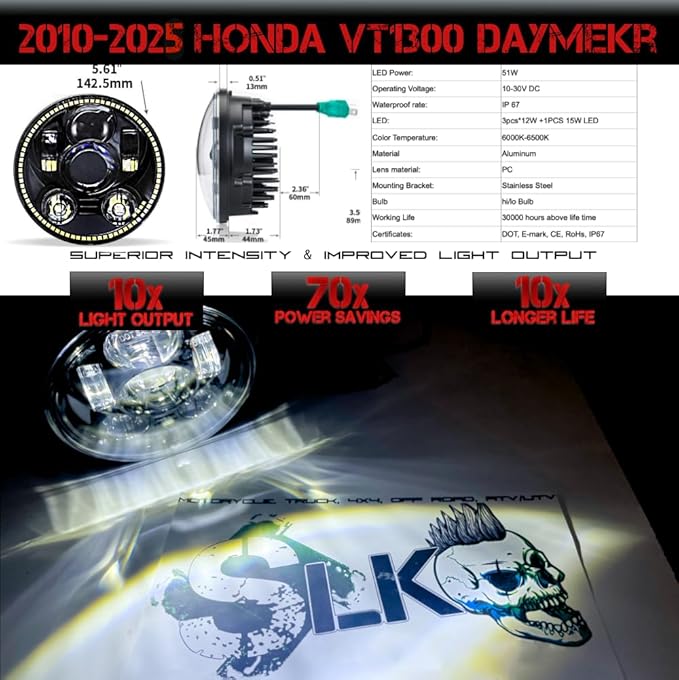 SLK-Lights VT1300 Fury LED Headlight Black Daymaker 5 3/4in - Direct Fit - Plug & Play - Compatible Honda VT1300 2010-2025 Honda Fury, Sabre, Interstate, and Stateline (Black Halo)