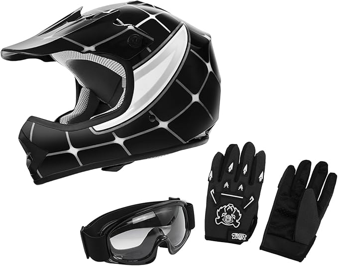 XFMT DOT Youth Kids Dirt Bike Helmet Full Face Motocross Helmets for Off-Road ATV Street Bike Four Wheeler Motorcycle with Goggles & Gloves (Black Spiders, Large)