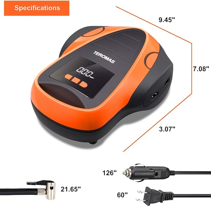 TEROMAS Tire Inflator Portable Air Compressor, Air Pump DC/AC for Car Tires 12V DC and Other Inflatables at Home 110V AC, Digital Electric Tire Pump with Pressure Gauge(Orange)