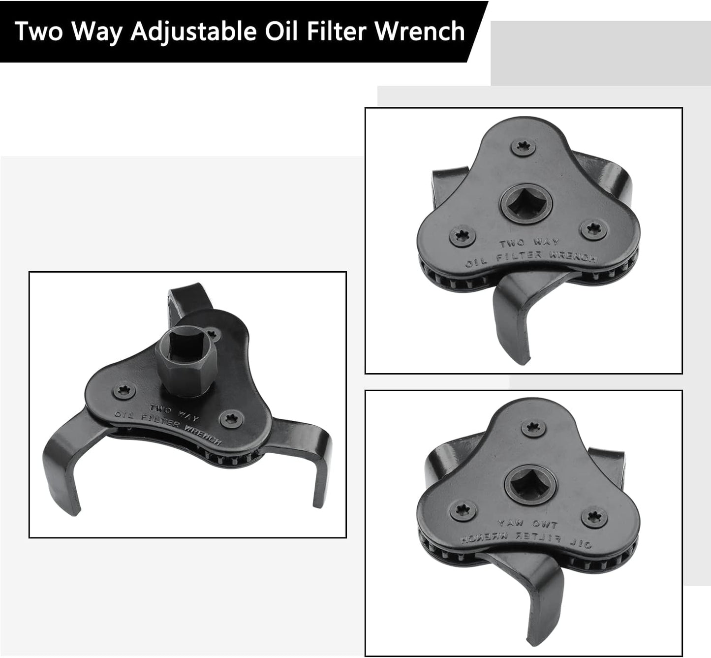 Universal Adjustable Oil Filter Wrench, Carbon Steel, Black, 1/2 & 3/8 Inch Square Drive Socket, 3-Jaw & 2-Way Design